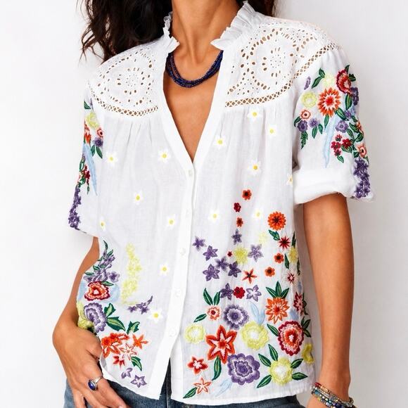 Sundance Tops - Sundance Floral Popover Colorful Embroidered Linen Short Sleeve Blouse L